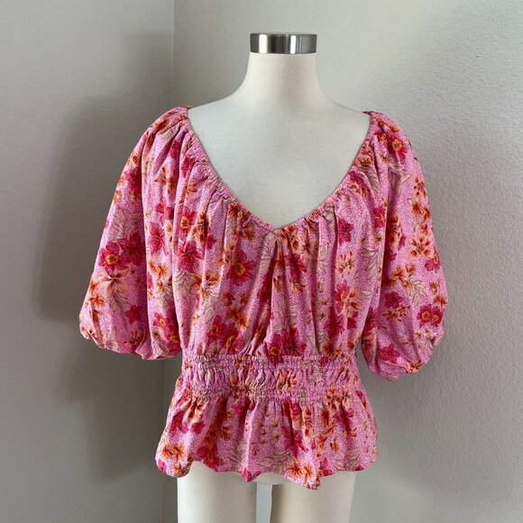 LOFT Womens Plus XXL Floral Pink Lily Gathered Waist V Neck Blouse Shirt Top - Picture 2 of 14